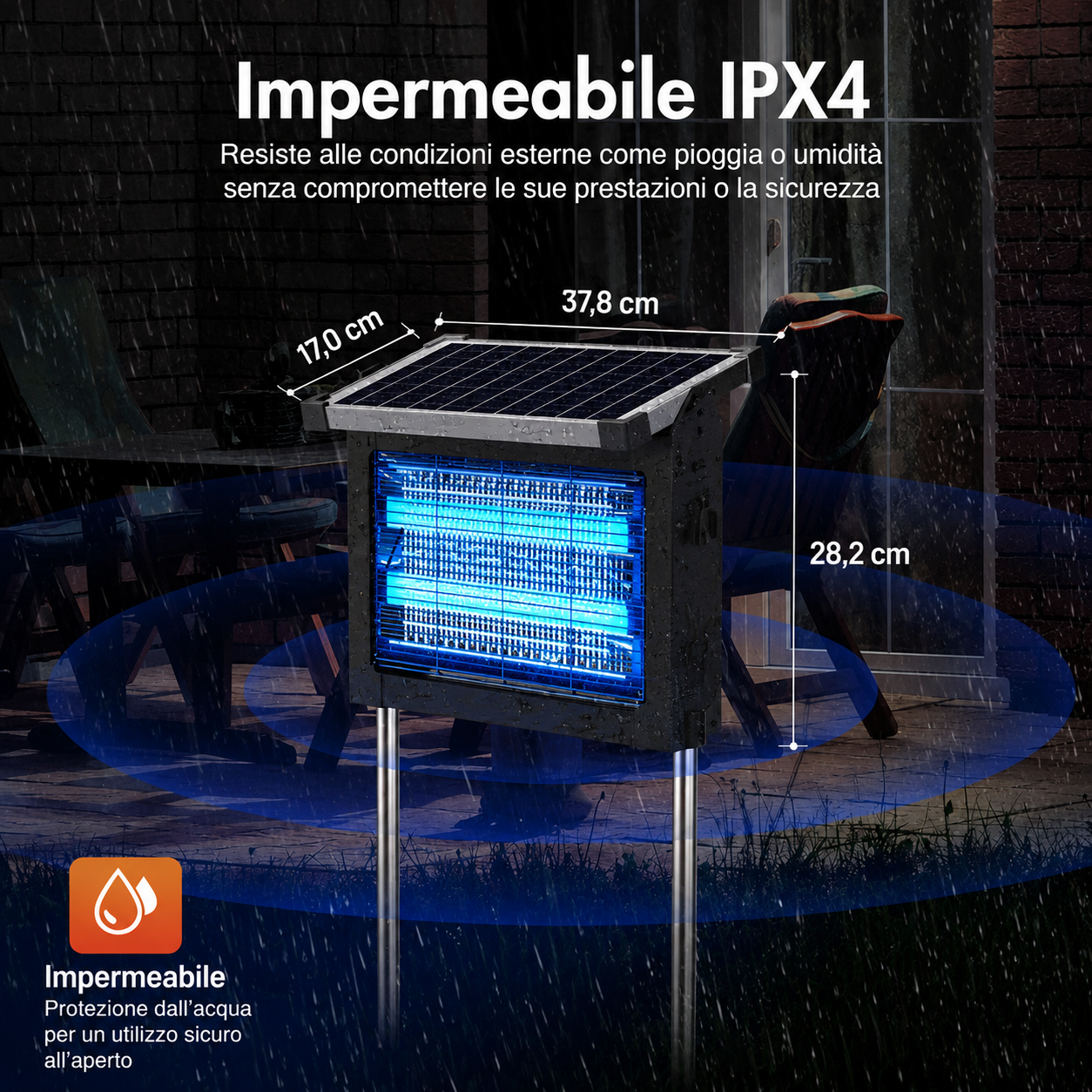 Zanzariera SolarShield impermeabile IPX4 sotto la pioggia